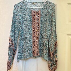 Arnhem Blue Floral Peasant Bohemian Button Up Blouse